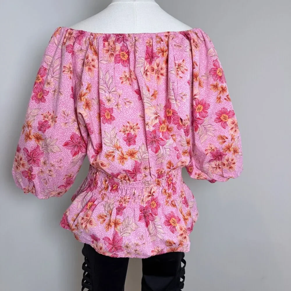 Floral Peplum Blouse Pink Puff Sleeve Cottagecore Boho Soft Modal Large by LOFT